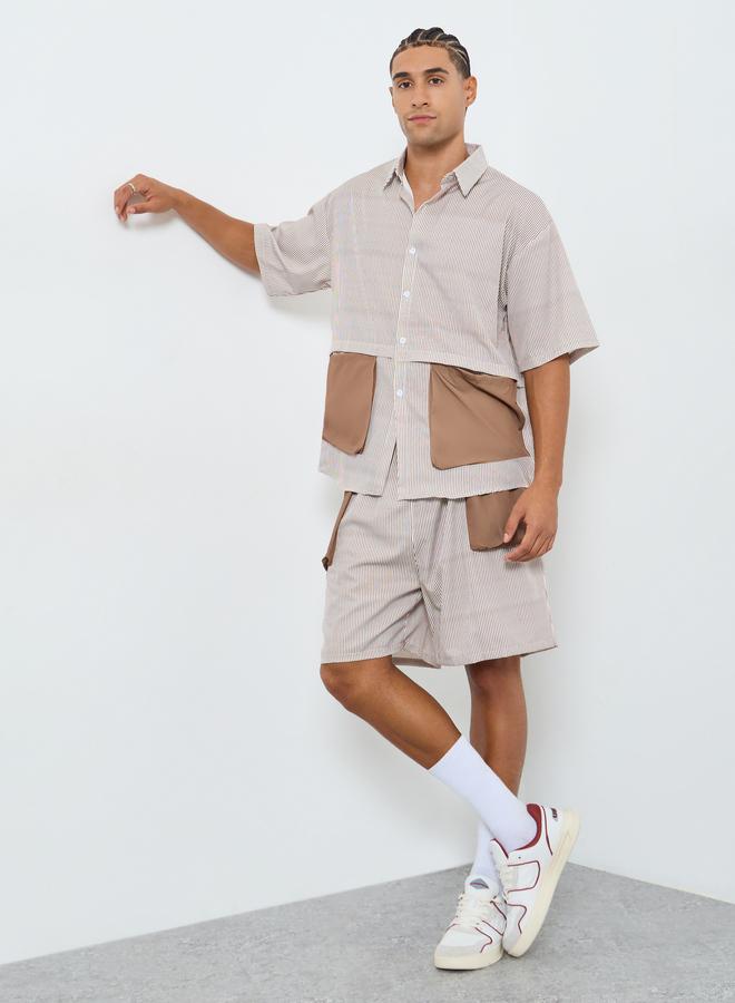 ستايلي طقم رجالي قميص وشورت بجيوب متباينة - Image 1